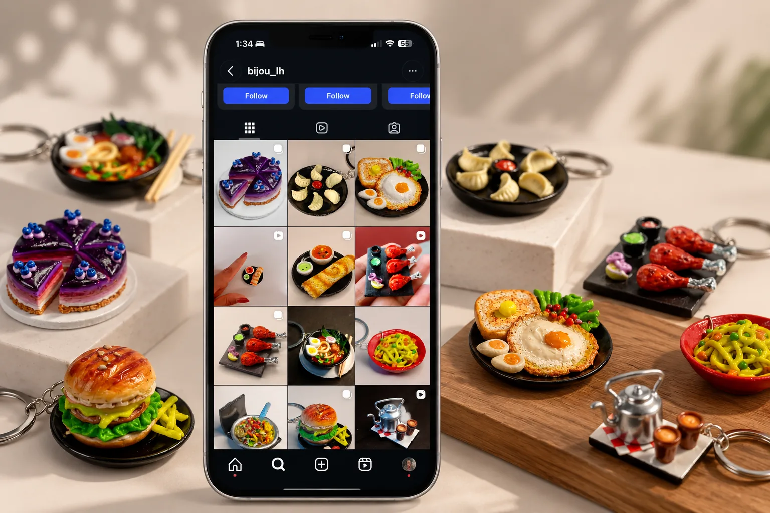 Miniature food — clay keyrings and Instagram feed