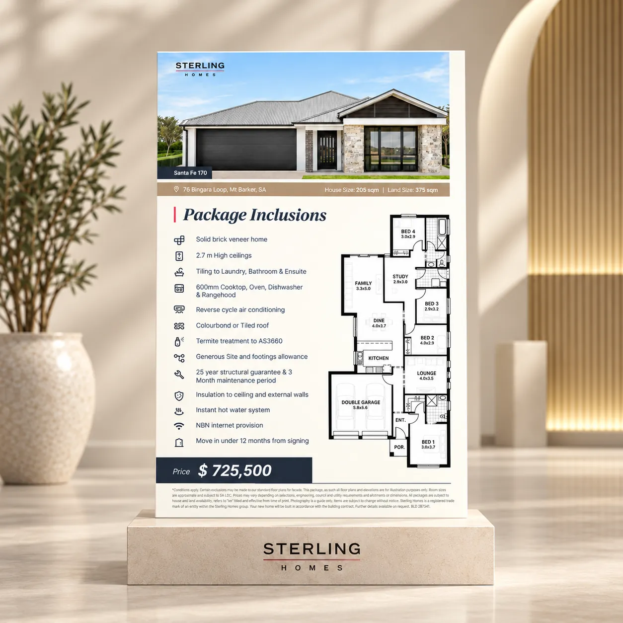 Sterling Homes — Flyer — package inclusions, floor plan and price