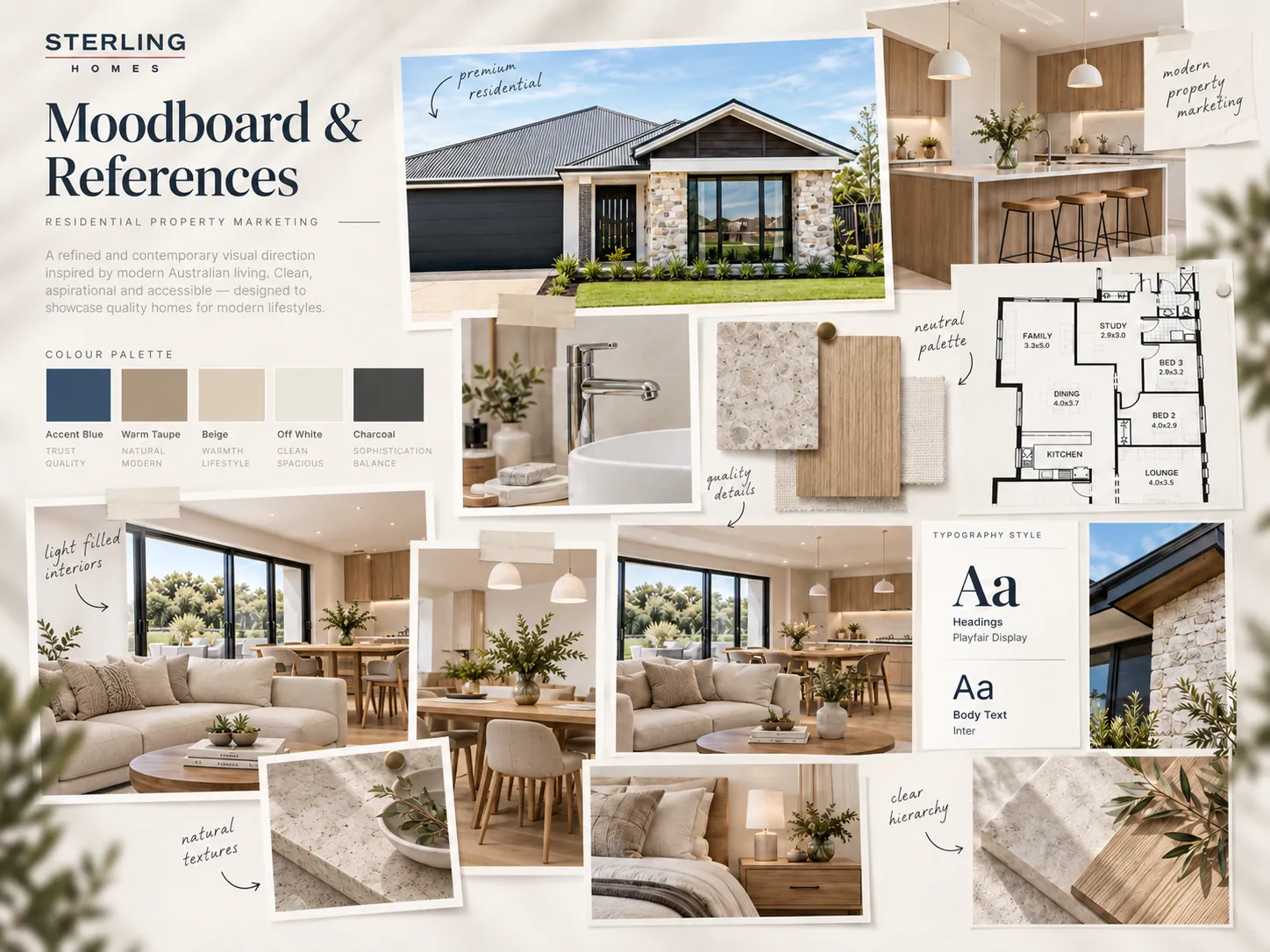 Sterling Homes — Moodboard — light-filled interiors, natural textures, palette and type