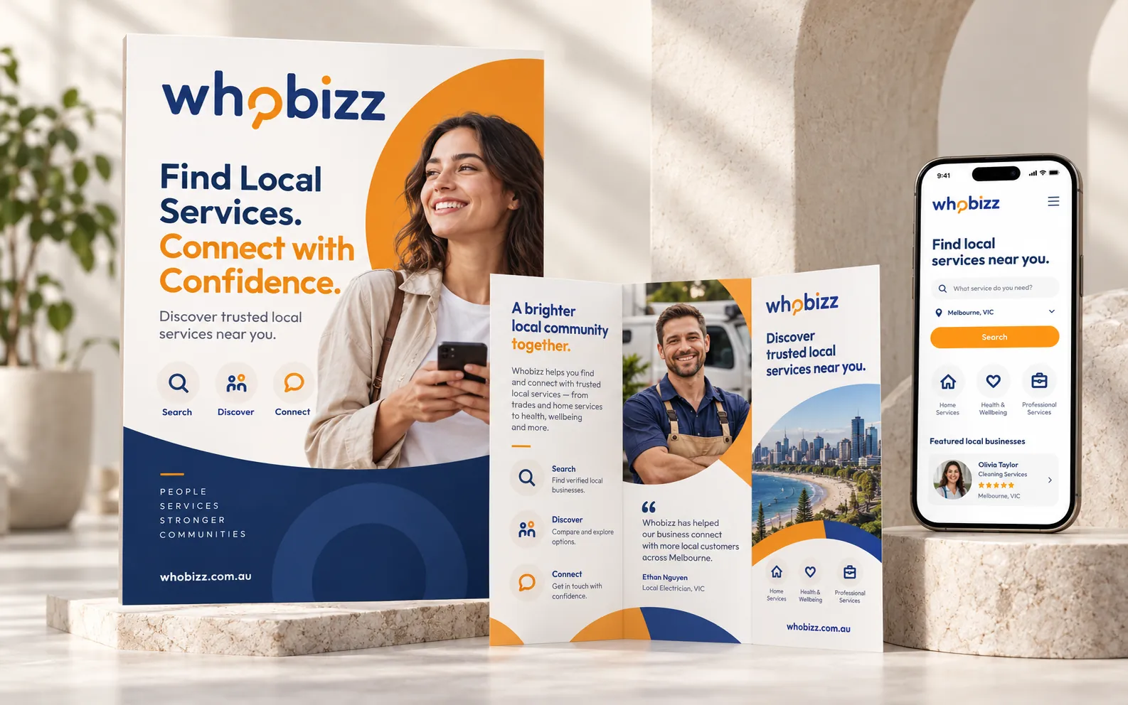 Whobizz — Campaign — poster, brochure and app, from large format to mobile screen