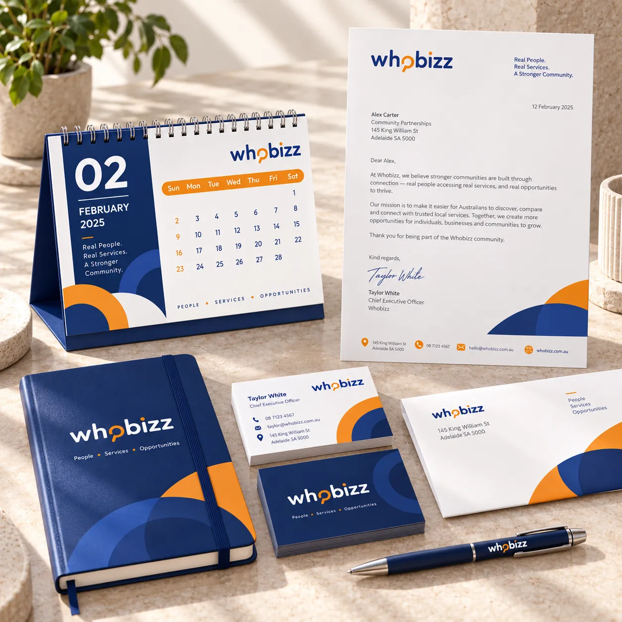 Whobizz — Stationery — letterhead, business cards, envelope and desk calendar