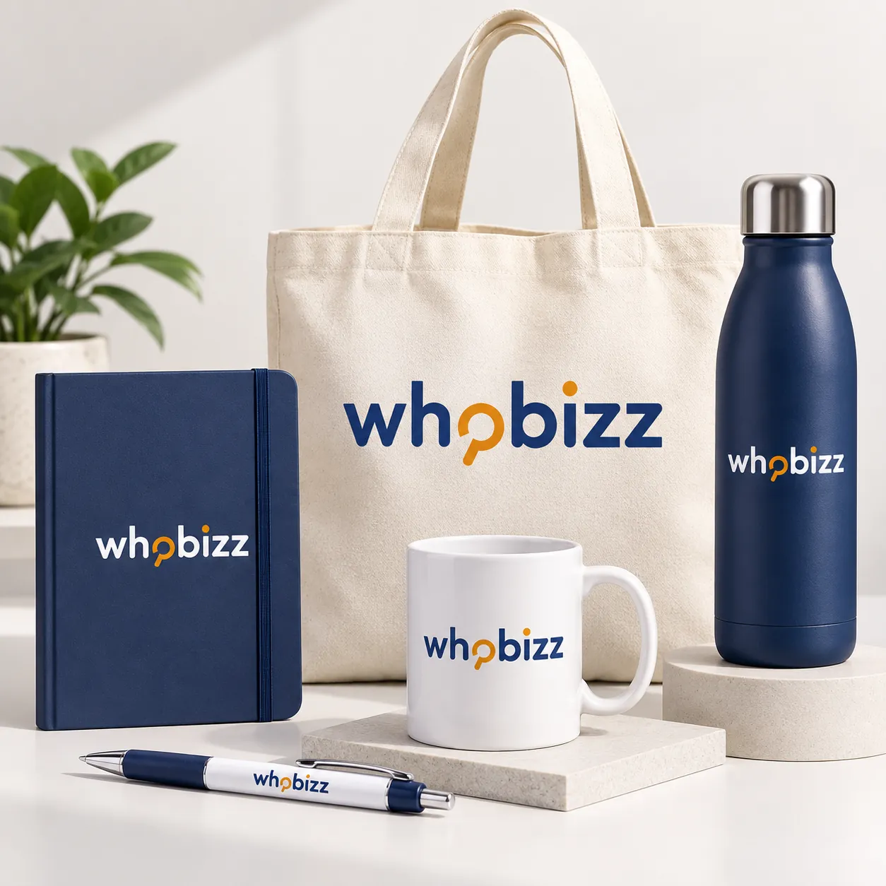 Whobizz — Merchandise — tote, mug, bottle and notebook
